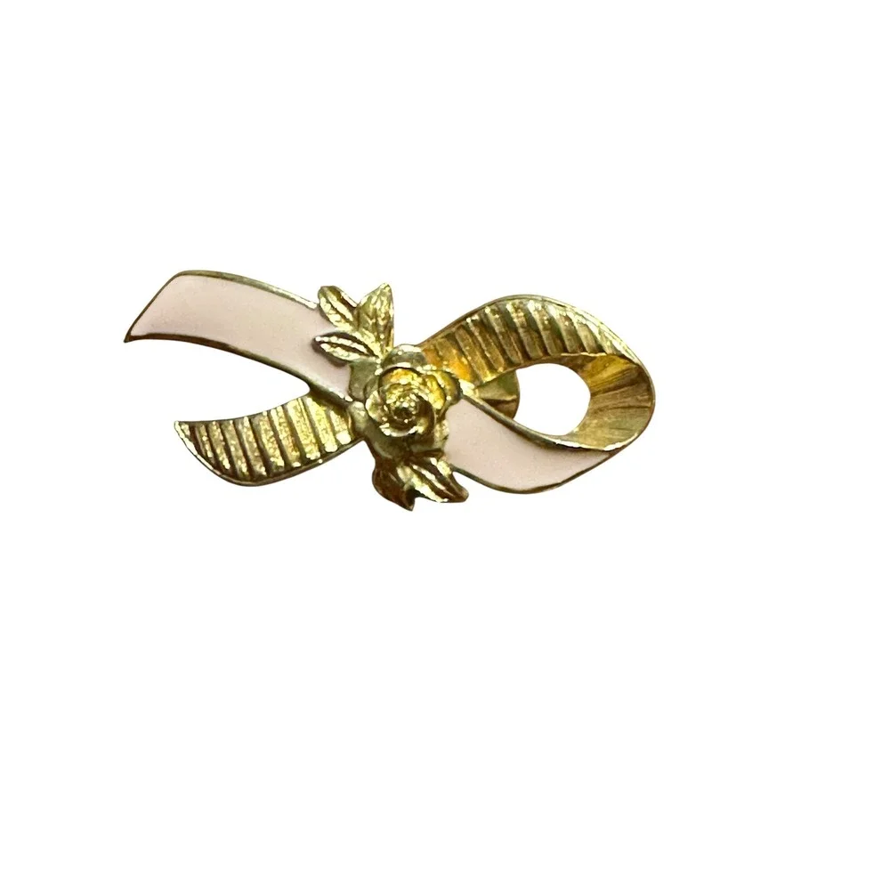 Vintage Avon Ribbon‎ Pin Brooch Gold Tone White Enamel Flower Lapel Gift